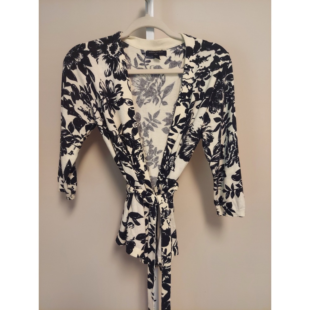 Banana Republic Womens PM Floral Wrap Cardigan Black White Knit Tie Classic